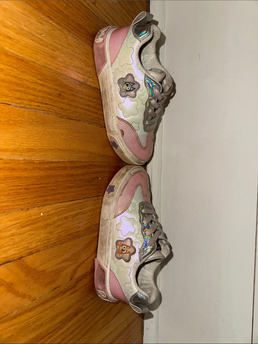 Girls Pink and White Bluey Sneakers with Holographic Accents